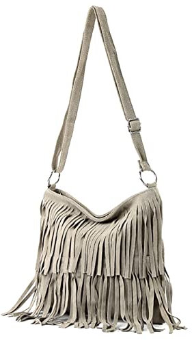 Modarno Umhängetasche mit Fransen aus Wildleder für Damen, beige