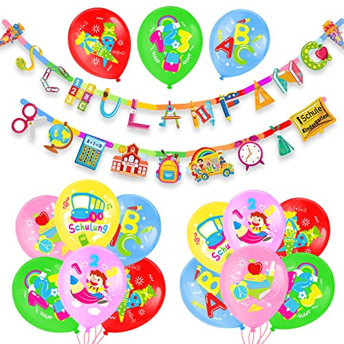 DPKOW Einschulung Deko Set,Einschulung Schulanfang Girlande mit Schuleinführung Schulanfang Luftballon für Schuleinführung Schulanfang Einschulung Deko mädchen Jungen,17 Stück