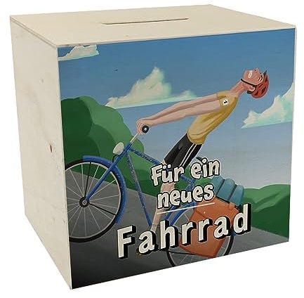 Spardose aus Holz mit lustigem Fahrradfahrer und Text - Für EIN neues Fahrrad als Geschenk für Fahrradfahrer die Sich einen neuen Drahtesel kaufen wollen und dafür etwas Geld