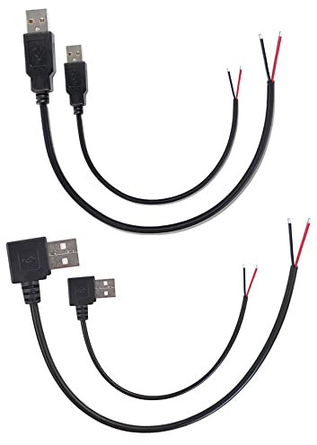 KSOPUERT 4 Stück USB 2.0 auf blankes Kabel,offenes Ende,12 Zoll,30cm,5V, 22AWG,2 Kerne,Power Pigtail,Reparaturdose am Schwanz,Kabel,DIY,Schwarz,1 Fuß,2 gerader Stecker und 2 rechtwinkliger L-Stecker