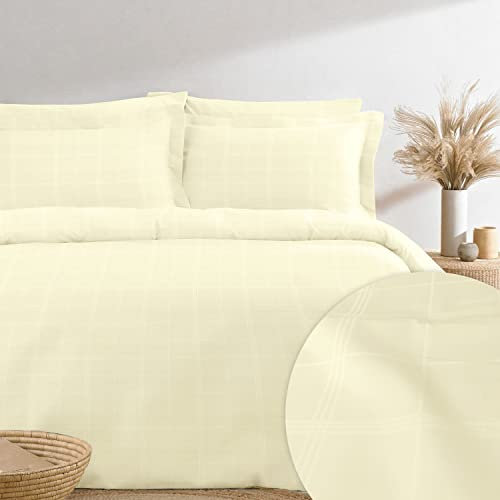 Pizuna 300TC Damask Check King Size Duvet Cover Set Cream, 100% Long Staple Cotton Checke Cream Bedding Set Lightweight Sateen Weave Duvet Cover Set with 4 Corner ties and Hidden Button Closure