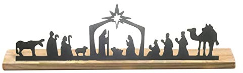 Weihnachtskrippe Krippe Sets mit Holzsockel, Schwarz Metall Weihnachtskrippe Set Kleine Menschen Kamel Weidenbaum Krippe Set für Regal Tisch Wand