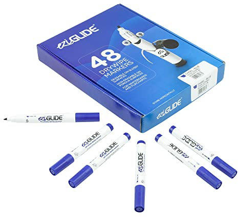 Eziglide Blue Chisel Tip Drywipe Whiteboard Pens, Bulk Pack of 48 Blue Markers, No Residue Ink, Hard-wearing Fibre Chisel Tip Dry Wipe Pen, Ideal for School, Home and Work