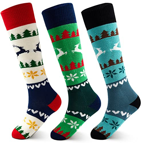 Chaussettes Ski Enfant Longues Hiver Unisexes Chaudes Thermiques Épaisses en Coton pour Fille Garçon - Longueur de la Semelle 20-22 CM/10-13 Ans