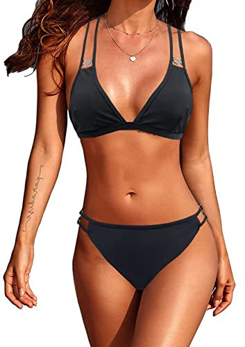 NLAND Bikini Sexy a Triangolo da Donna con Doppia Cinghia Costume da Bagno in 2 Pezzi con Cinghie Regolabili Costume da Bagno in Stile Brasiliano(Nero,L)