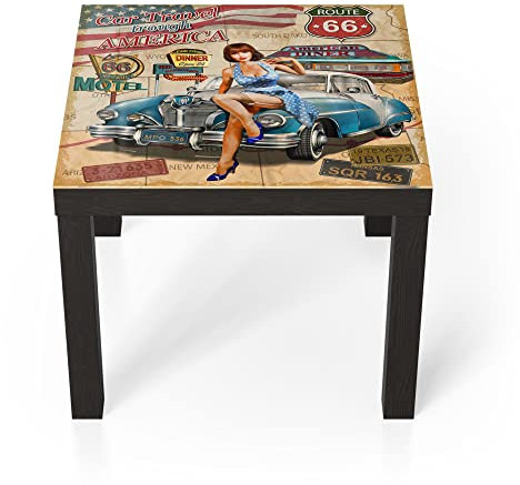 DEQORI Glastisch | schwarz klein 55x55 cm | Motiv Route 66-Plakat | ausgefallener Beistelltisch aus Glas | Hochglanz Couchtisch fürs Wohnzimmer | moderner Couch Tisch mit Design