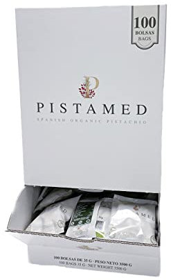 PISTAMED - Pistachos con cáscara - Sin Sal - Tostado Artesanal - Sin Aditivos y Sin Gluten - Alto en Contenido en Fibra - Dietas Vegetarianas y Veganas - Caja: 3,35 kg, Paquete de 100 bolsas de 35 gr
