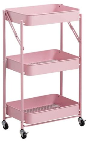 NTEK 3 Tiers Foldable Storage Trolley with Locking Wheels - Foldable Rolling Racks | Utility Carts (Pink)