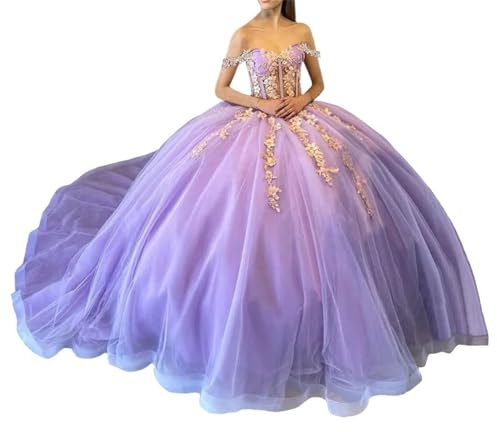 Vestidos de quinceañera con lentejuelas brillantes, con encaje y hombros descubiertos, vestido de baile de tul hinchado de princesa, Lila, 34