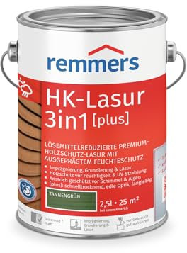 Remmers Barniz HK-Lasur 3 en 1 [plus] verde abeto mate, 2,5 litros, barniz para madera premium exterior, protección triple para madera con impregnación + imprimación + barniz