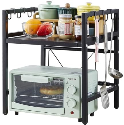Pantanal 2 Tiers Expandable Microwave Oven Shelf Countertop, Kitchen Adjustable Spice Racks Metal Freestanding Unit Storage Shelving Home Office Desktop Printer Stand (2 Tiers)
