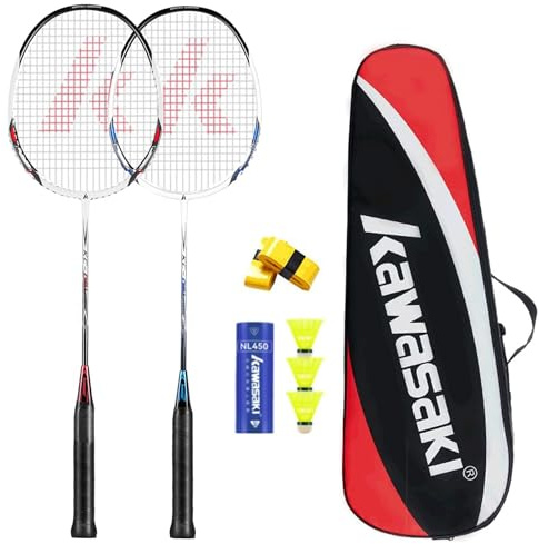 Kawasaki Badmintonschläger Professioneller Graphitschaft Badminton Set 2 Leichter Federballschläger für Training, Sport und Unterhaltung mit 3 Federbällen & 2 Overgrips & Tragetasche