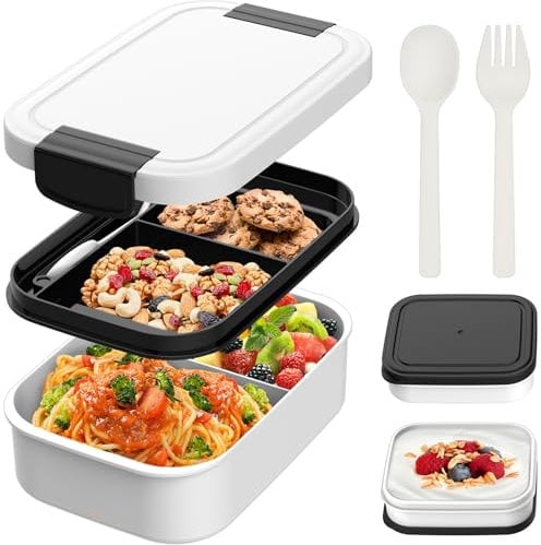 BIBURY Lunch Box, Upgraded Leakproof Bento Box for Kids Adults, Lunchbox with 4 Compartments, Cutlery and 2 Sauce Pot Set, BPA Free, Microwave and Dishwasher Safe Snack Box Sandwich Box, 1.9L