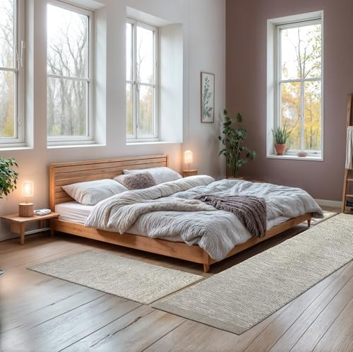 MY-RUG Bettumrandung Wolle Schlafzimmer 3teilig Teppich - 2mal 140x70 und 1mal 350x80cm - Bettvorleger rutschfest Läufer Deko