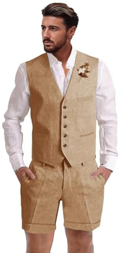 Dsteng Mens Linen Suit 2 Piece Short Suits for Men Casual Summer Beach Wedding Suit Linen Vest Shorts Set, Khaki, XXL