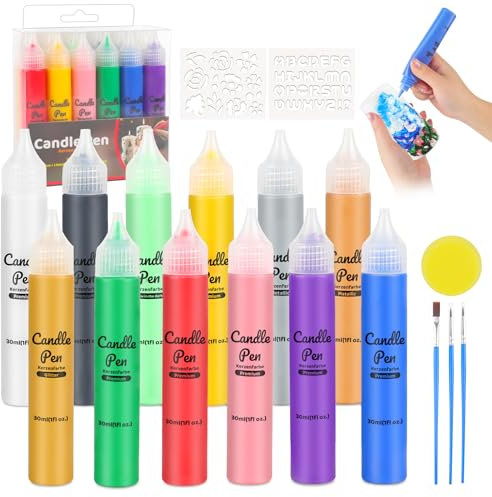 YAOBLUESEA 12 Stück Kerzen Bemalen Set Kinder Kerzenstifte á 30 ML Taufkerze Basteln Set Wachsstifte 4 Farbeffekte DIY Personalisieren Mit 3 Pinseln Für Holz Keramik Glas
