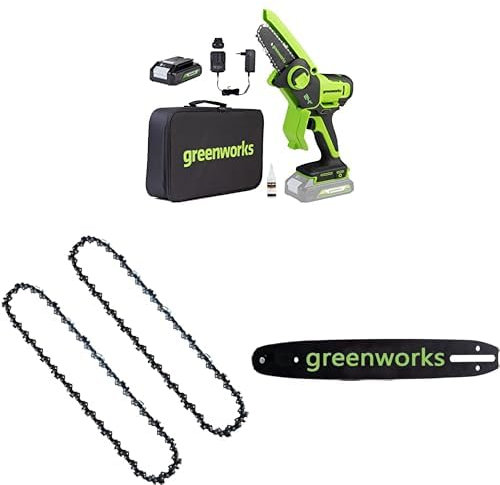 Greenworks 24V Mini Chainsaw 4 Inch (10cm) Cordless Battery Powered Chainsaw with 2Ah Battery+ Chainsaw Chain 2 Pack + Chain bar 2954807 fits for 4-Inch (10cm) Mini Chainsaw G24MCS10