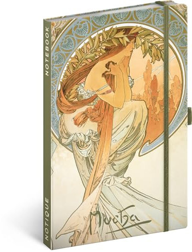 NOTIQUE Notizbuch Liniert mit Gummiband 13x21cm ca. A5, Designer Hardcover Notebook, Notizblock, Notizheft, Journal, Tagebuch für Erwachsene, Damen (Alphonse Mucha Poesie)