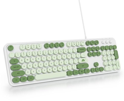SbocKeeb Typewriter Green Matcha Cute Keyboard with Floating Round Keys, Full Size Wired Retro Keyboard American QWERTY for Laptop Office PC Desktop Windows (Matcha)
