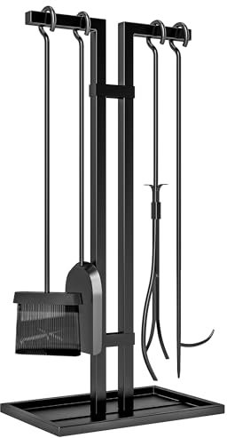 Outsunny Ensemble serviteur de cheminée 5 pièces, ensemble d'outils de cheminée, en métal, accessoires de cheminée, avec balai, pelle, pince, tisonnier et support, noir