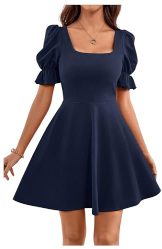 GORGLITTER Women's Summer Square Neck A Line Mini Dress Puff Sleeve Plain Elegant Casual Skater Dresses Dark Blue M