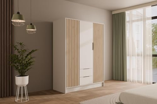 ALTDECOR Kleiderschrank mit selbstschließenden Lamellentüren, Lamellen, Flügeltüren - Nelia - 150 cm Weiß/Artisan