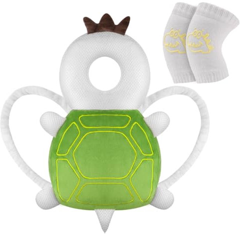 Vicloon Baby Kopfschutz, Verstellbare Schutzkissen Baby, Atmungsaktive Baby Head Schutzpolster für Kinder 4-24 Monate, Einstellbare Säugling Kissen Rucksack mit Knieschützer (Grüne Schildkröte)