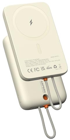 ASPERX Magnetic Power Bank with Built-in USB-C Cable, 10000mAh 22.5W Wireless Battery Pack USB C in & out, Fast Charging Magnetic Portable Charger for iPhone 16/15/14/13/12 Series, iPad.Off-white