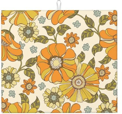 Hyaszst Bunte Retro 70er Jahre Blume,Geschirr-Abtropfmatte, saugfähige Geschirr-Abtropfmatten, Abtropfmatte für Küchenarbeitsplatte, Spüle, 41 x 46 cm