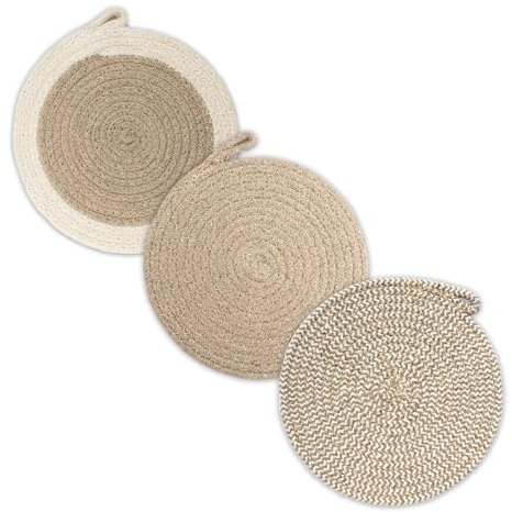 Encasa XO Round Trivet Mats For Hot Dishes with Hanging Loop | Beige Combo - Set of 3 with 18 cm Diameter | Cotton Round Thick Heat Resistant Pot Holders | Use Hot Pads Plate Mats For Hot Pots & Pans