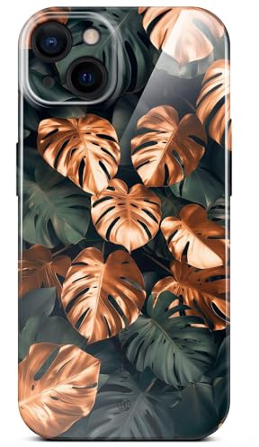 ONEFLOW Flower Cover für iPhone 15 Hülle in Floral Optik, Blumen Designer Case Handy Schutzhülle mit Kameraschutz, Hardcase dünne Handyhülle Blumenmuster, Grün Gold