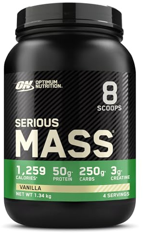 Optimum Nutrition Serious Mass Protein Powder High Calorie Mass Gainer with Vitamins, Creatine Monohydrate and Glutamine, Vanilla, 4 Servings, 1.34kg, Packaging May Vary