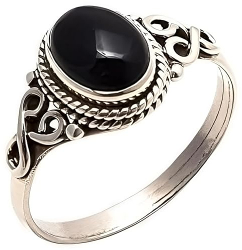 Schwarzer Onyx Statement Ring, 925 Sterling Silber Ring, Vintage Stil, für Damen, Größen 5-11, mit internationaler Größentabelle