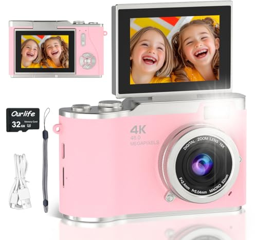 4K Digital Camera,Autofocus 48MP 1080P HD Video Selfie Camera with 180° Flip Screen,Digital Camera 8X Zoom Anti Shake Compact Cameras for Photography,32GB TF Card for Kids Teens Beginner