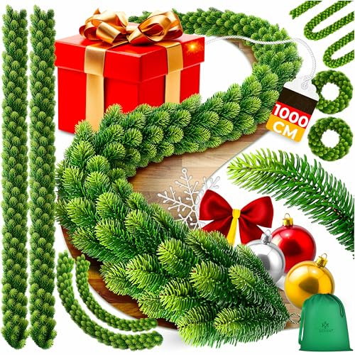 KESSER® Weihnachtsgirlande 10m lang | dicht – Naturgetreues Tannengrün - wie echt - IP 44 Outdoor & Indoor Girlande - Treppen, Tür, Balkon, Weihnachtsdeko + Tasche - Dunkelgrün