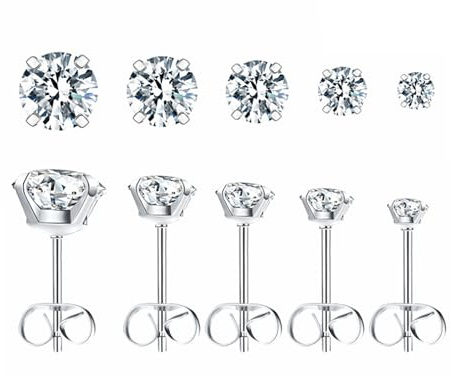 5 Pairs Stud Earrings Set for women, Hypoallergenic Back Stud Earrings Set for Sensitive Ears, 316L Stainless Steel Premium Cubic Zirconia Stud Earrings 3-8mm
