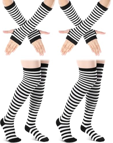 Dermalyx 2 Set Damen Schwarz-Weiß Streifen Kniestrümpfe & Armwärmer Fingerlose Handschuhe Set für Mädchen und Frauen, Kolner Karneval Feiertags-Themen Party Zubehör