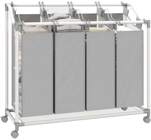HOMCOM Wäschekorb Wäschesammler 4 Fächer 160 L Räder Wäschesack Grau | Herausnehmbarer Wäschesack, Wäschebox, Wäschesortierer, Wäschewagen, Waschküche, Schlafzimmer, Badezimmer