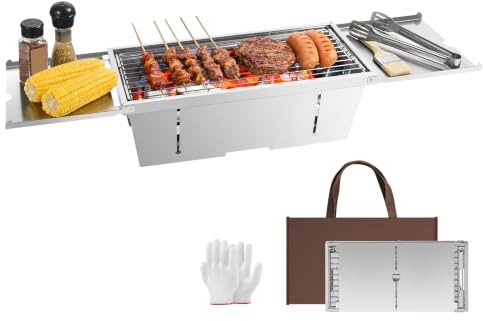 Uten Tragbarer Faltbarer Grill Edelstahl-Holzkohlegrill Tischgrill | mit Aufbewahrungstasche und Handschuhen, für Garte Strand Camping Wandern Picknicks und Reisen, Mittel
