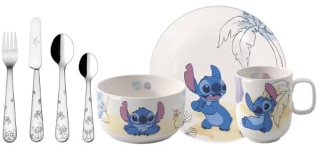 Villeroy & Boch – Disney Stitch set di stoviglie per bambini, 7 pezzi, lavabile in lavastoviglie, utilizzabile nel microonde, stoviglie e posate per bambini, porcellana Premium