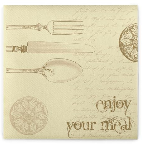 Sovie HORECA Serviette ELISABETH Gold-Champagner, Linclass® Airlaid, 40 x 40 cm, 1/4 Falz, 50 Stück, Design mit goldfarbenem Besteck & Schriftzügen „guten appetit“ & „enjoy your meal“