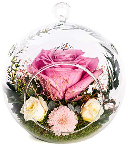 Rosen-Te-Amo® | Valentinstag | konservierte ewige Rosen |duftend | PREMIUM Gesteck in hängende Vase | handgefertigt mit echten Foliage | feines Design || Infinity Rosen | Geschenke für Frauen & Deko