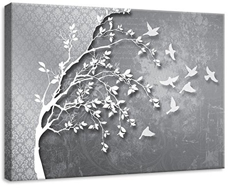 Forwall - Leinwand Bilder - Silber Baum Vögel - 70x50 cm Leinwandbilder - Bild auf leinwand - Wandbild XXL groß Wandbilder für Wohnzimmer Schlafzimmer Wohnzimmerbilder Modern kunstdruck