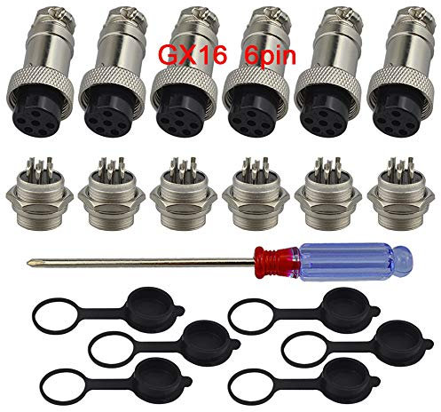 QitinDasen 6 Set GX16 6-Pin Aviazione Spina Connettore, 5A 16mm Maschio Femmina Metallo Aviazione Spina Connettore, con Gomma Berretto e Cacciavite a Croce