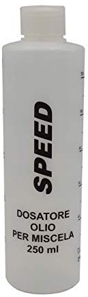 N. 24 SPEED Misurino Dosatore olio per miscela 250 ml con tappo, scala graduata e percentuali 2-4% 2,5-5% 3-6% + 3 misurini in OMAGGIO con grafiche varie