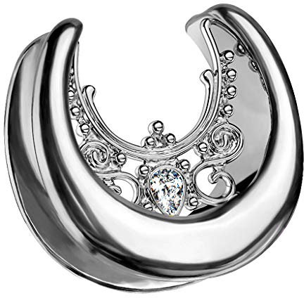 Halbrunder Flesh Tunnel Ohr Plug Piercing Spreader Halbrund Creole Ohrring Ohrpiercing Stahl Tribal mit Strass Glitzer Kristall Silber 22mm