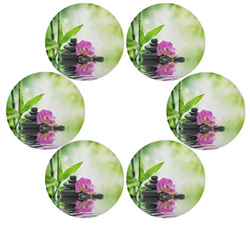 TropicalLife HaJie Japanische Zen-Orchidee Stein Bambus Tischsets Set von 6 Stück, rutschfest, hitzebeständig, rund, Tischset für Zuhause, Urlaub, Party, Esszimmer Dekoration