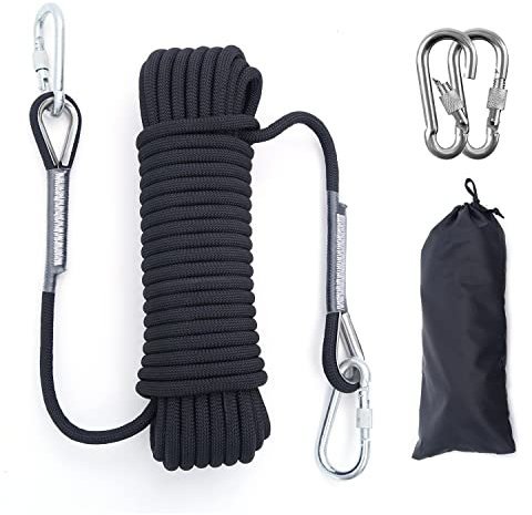 Outdoor Climbing Rope 12MM Diameter 10M(32ft) 20M(64ft) Static Rock Climbing Rope,Tree Climbing Rappelling Rope,Escape Nylon Rope,Ice Climbing Equipment Fire Rescue Parachute Rope (Black, 12mm/32ft)