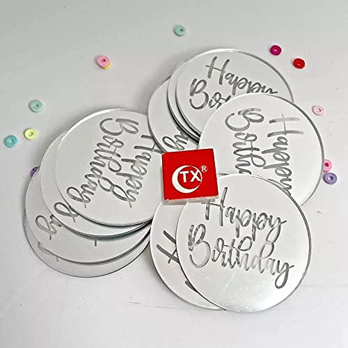 6 Pack Happy Birthday Cupcake Topper 2 Inches Round Disk Gold, Rose Gold & Silver Acrylic Cake Topper Laser Cut Party Decoration (Silver x 6)