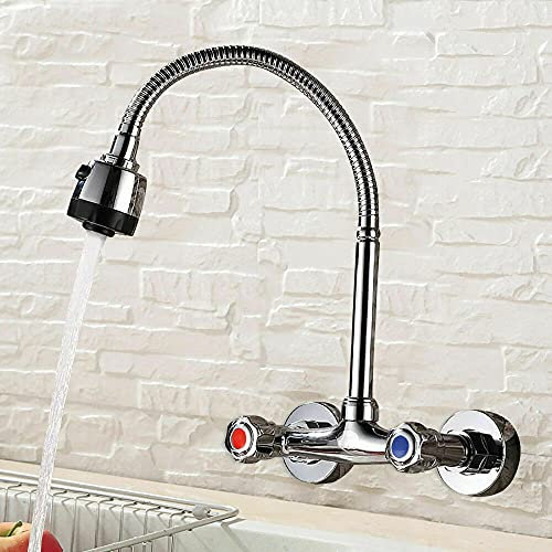 Grifo de cocina de dos mandos para fregadero, montaje en pared, cromado
